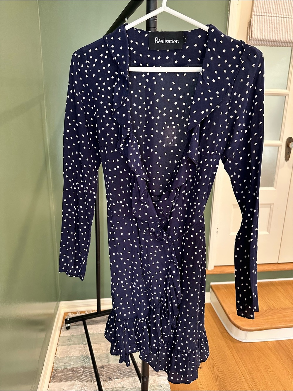 Realisation Par mini wrap dress with Ruffles and Star-Print Navy
